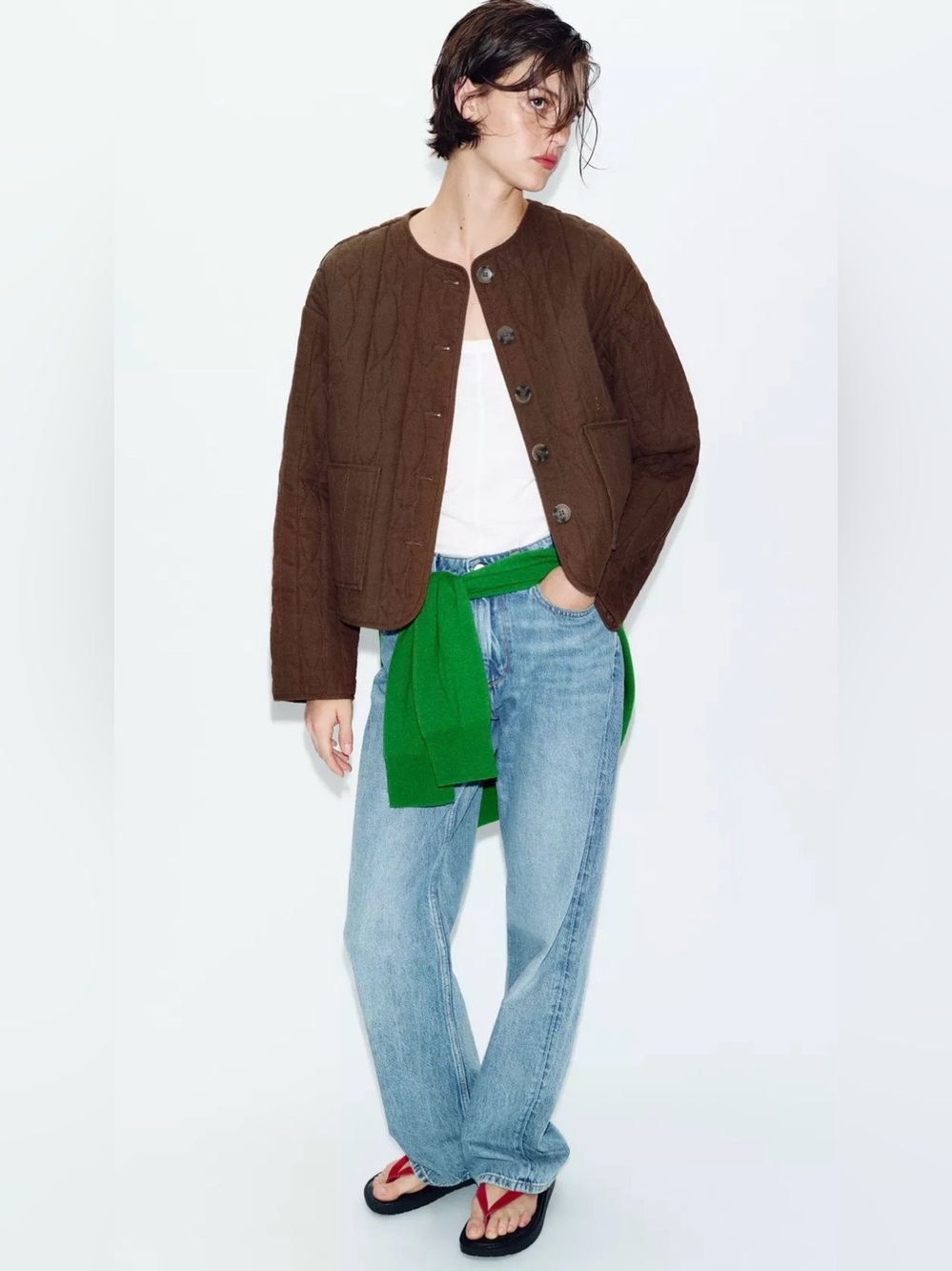 Zara NWT Brown Quilted Jacket | Button Front Patch Pocket Lightweight Coat